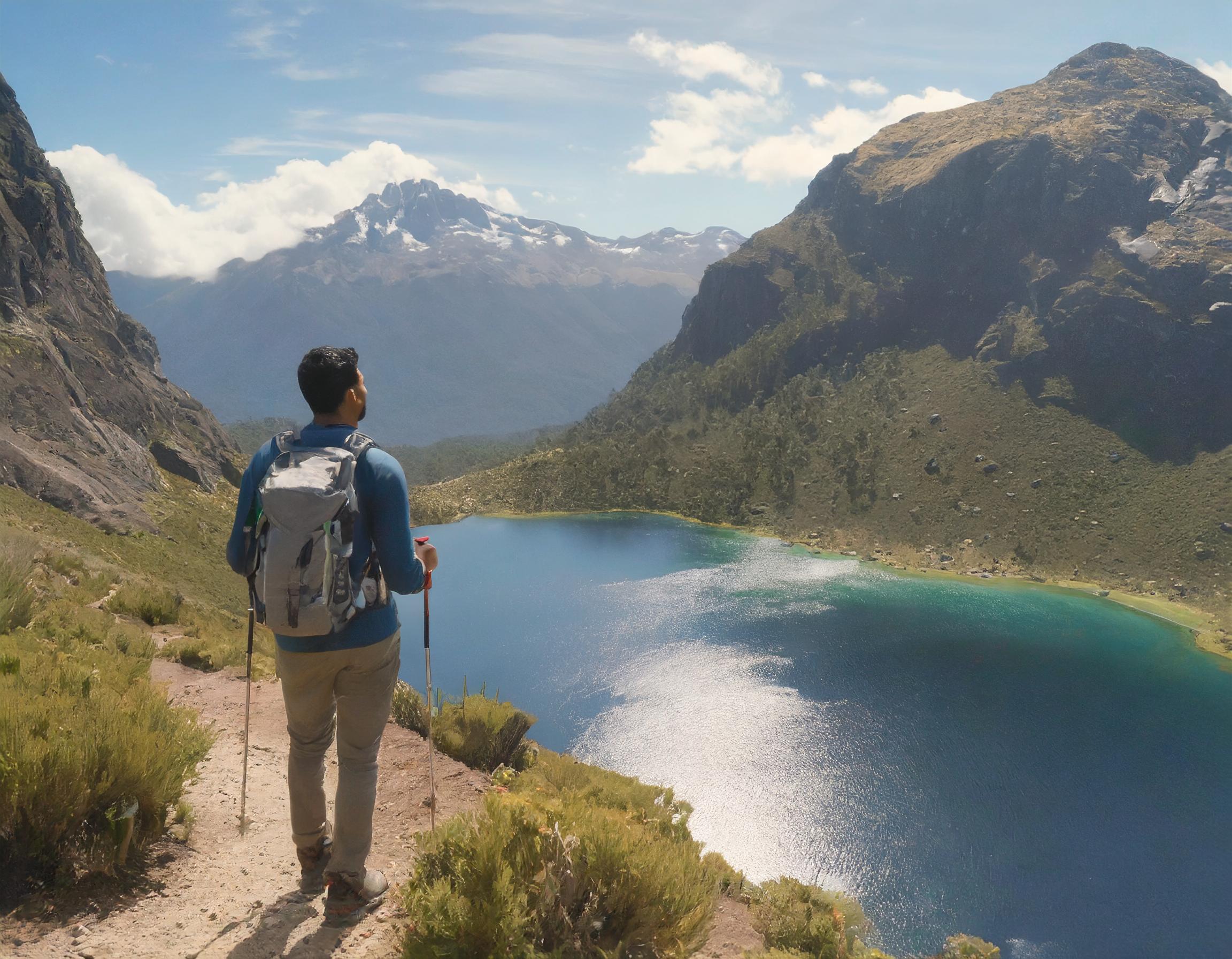 Man on a hike in the mountains next to a lake