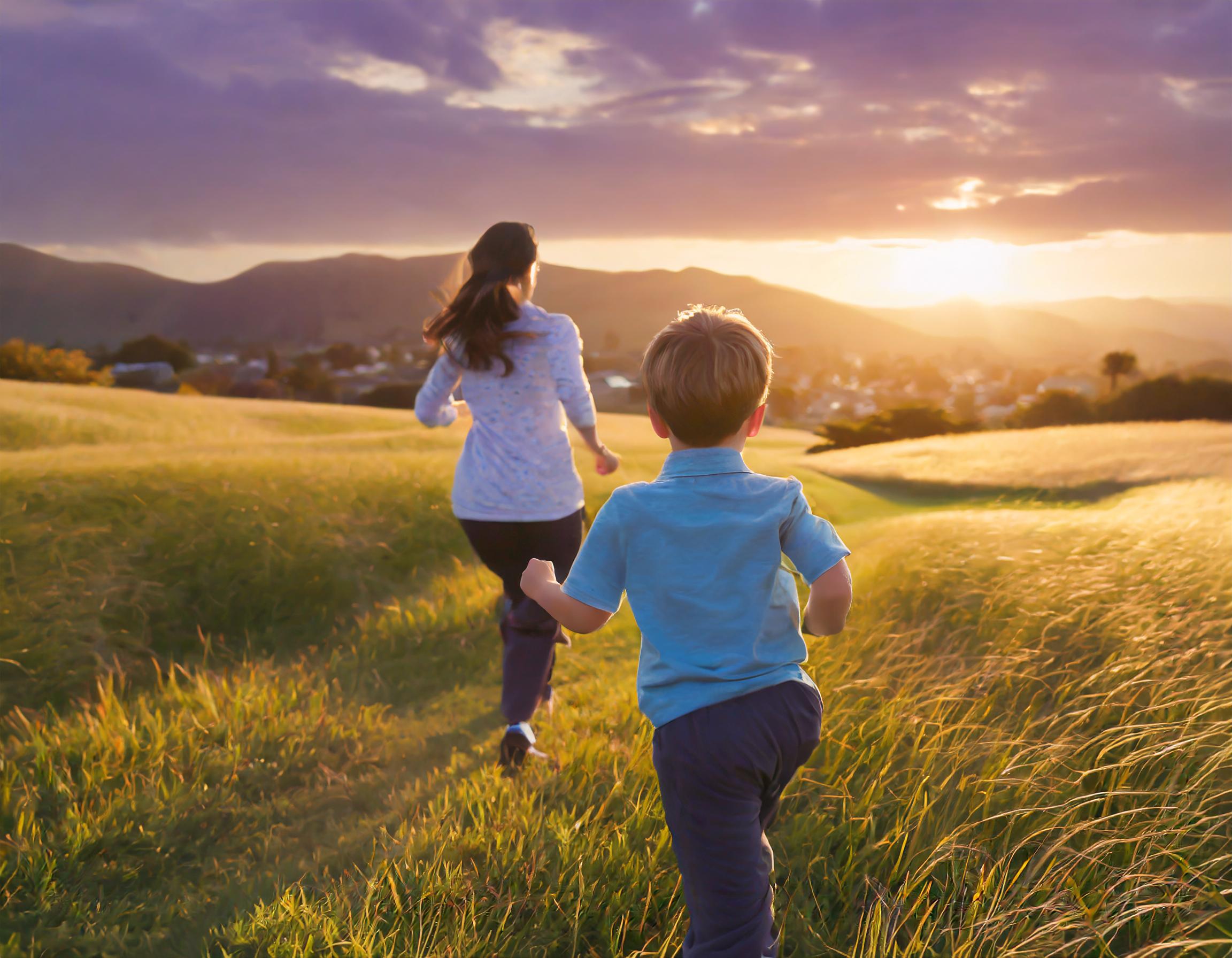 Mother and Son running though a grass field